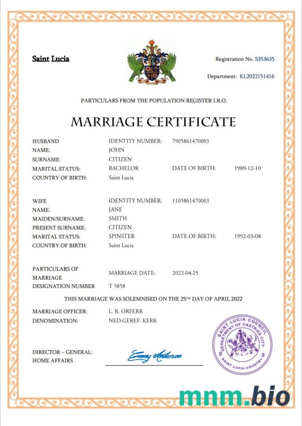 Saint Lucia akt małżeństwa Word i PDF szablon
